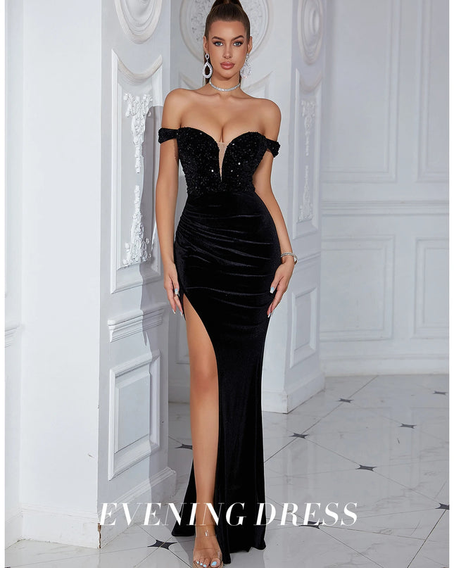 Adyce Evening Maxi Long Dress For Women Elegant Off Shoulder V Neck Sexy High Split Club Party Celebrity Evening Sequins Vestido