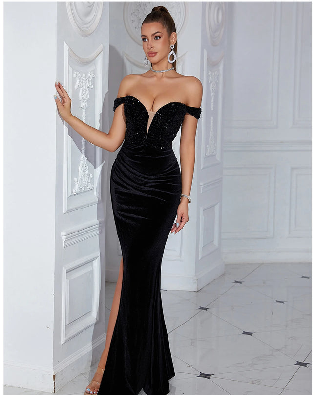 Adyce Evening Maxi Long Dress For Women Elegant Off Shoulder V Neck Sexy High Split Club Party Celebrity Evening Sequins Vestido