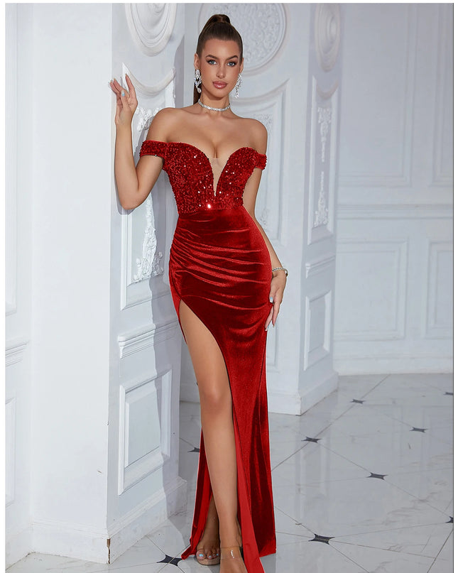Adyce Evening Maxi Long Dress For Women Elegant Off Shoulder V Neck Sexy High Split Club Party Celebrity Evening Sequins Vestido