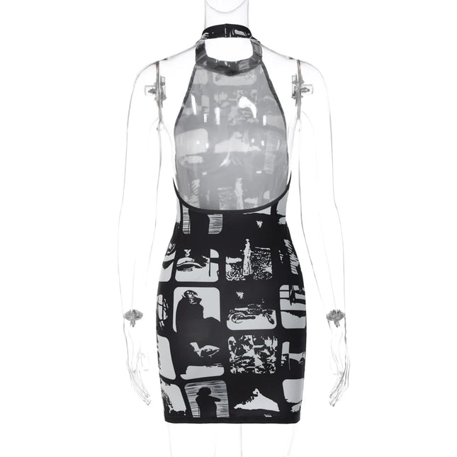 Hugcitar Vintage Print Halter Sleeveless Backless Sexy Slim Bodycon Mini Dress 2023 Summer Y2K Outfit Streetwear Nightclub Biker