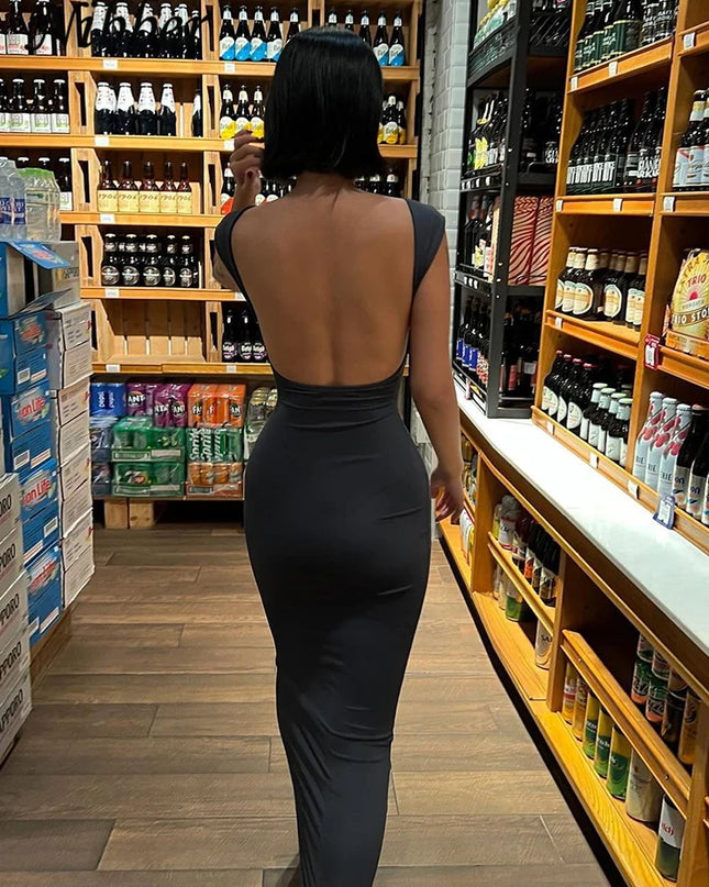 Nibber Solid Sexy Backless Maxi Dress Women Elegant Elastic Slim Short Sleeve Long dresses Female Bodycon Streetwear Clothing