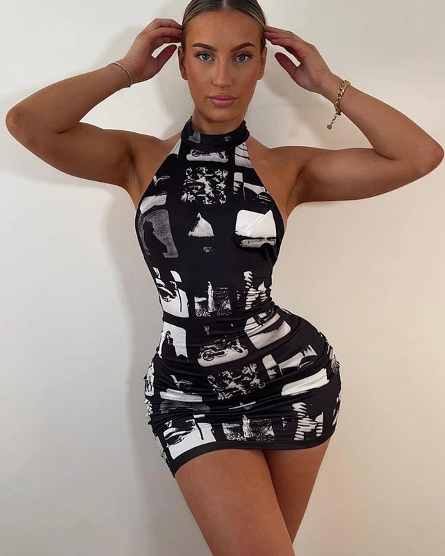 Hugcitar Vintage Print Halter Sleeveless Backless Sexy Slim Bodycon Mini Dress 2023 Summer Y2K Outfit Streetwear Nightclub Biker