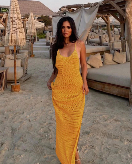 Sexy Knit Cut Out Tassel Spaghetti Strap Bodycon Beach Maxi Dress Summer Women's Holiday Club Party Outfit Swimsuit Cover Up K10