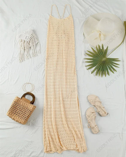 Sexy Knit Cut Out Tassel Spaghetti Strap Bodycon Beach Maxi Dress Summer Women's Holiday Club Party Outfit Swimsuit Cover Up K10