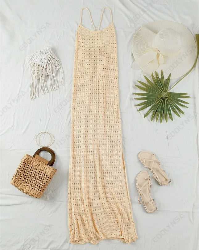 Sexy Knit Cut Out Tassel Spaghetti Strap Bodycon Beach Maxi Dress Summer Women's Holiday Club Party Outfit Swimsuit Cover Up K10