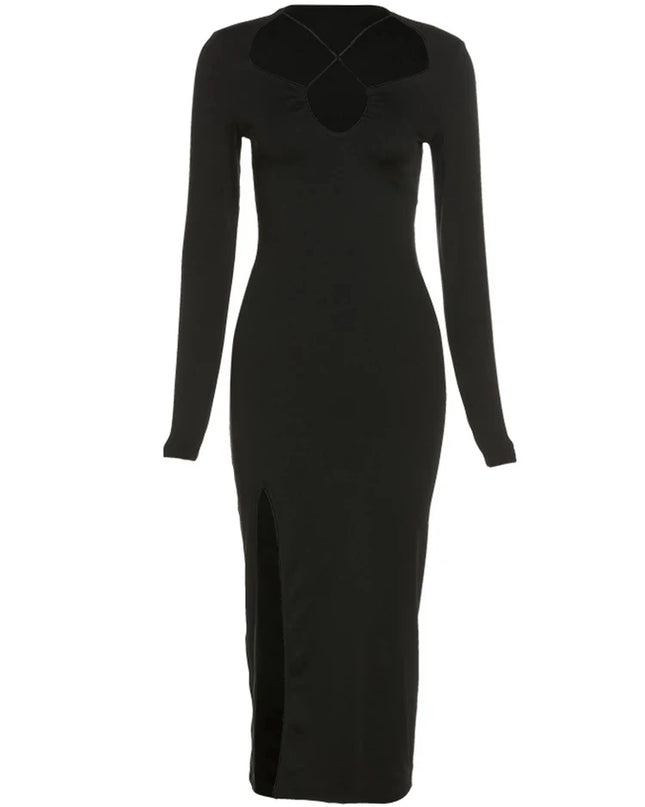 Autumn Crossed Cleavage Maxi Dress Women Concise Side Spilt Elegant Vestido Lady High Street Bodycon Slim Robe Skirt