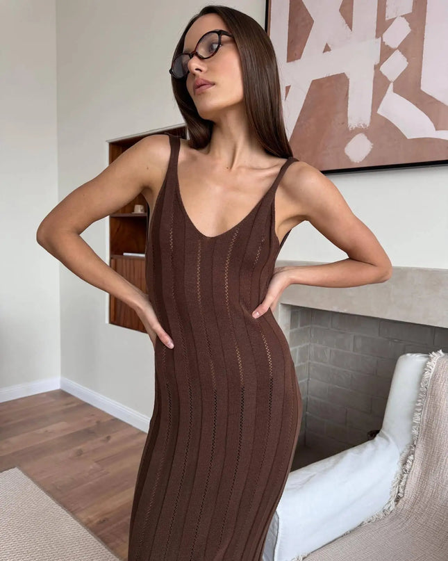 Tossy Summer Knit Ribbed Maxi Dress Female Slim Hollow Out Backless High Waist Fashion Beach Holiday Clothes Long Dress Women's