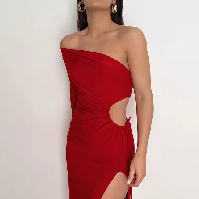 Women One Shoulder Long Sleeved Forked Sexy Long Dress Bodycon Sexy Streetwear Party Club Elegant Fashion Streetwear Clothes