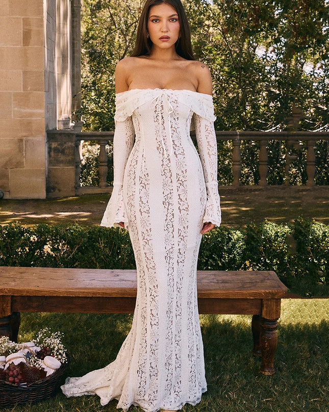 Mozision Lace Off-shoulder Sexy Maxi Dress Women Strapless Backless Long Sleeve Bodycon Evening Club Party Long Dress Elegant