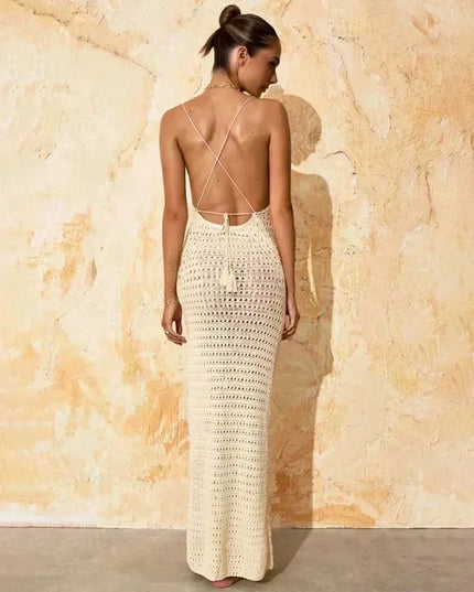 Sexy Knit Cut Out Tassel Spaghetti Strap Bodycon Beach Maxi Dress Summer Women's Holiday Club Party Outfit Swimsuit Cover Up K10