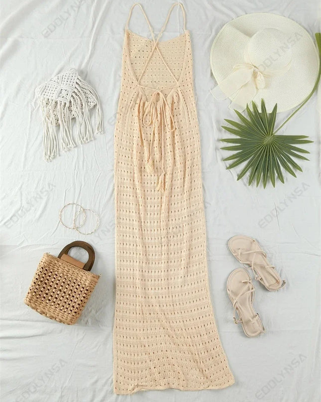 Sexy Knit Cut Out Tassel Spaghetti Strap Bodycon Beach Maxi Dress Summer Women's Holiday Club Party Outfit Swimsuit Cover Up K10
