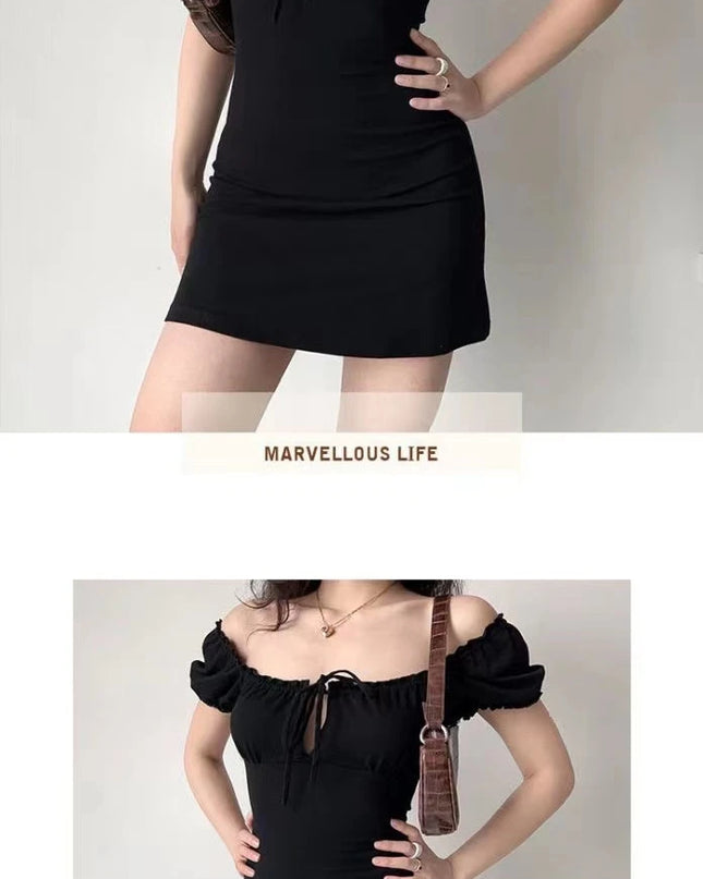 Summer Sexy Mini Dress Women Short Sleeved Lace up Hollow Casual Backless Folds Bodycon Black Dress Party Elegant A-LINE Dresses