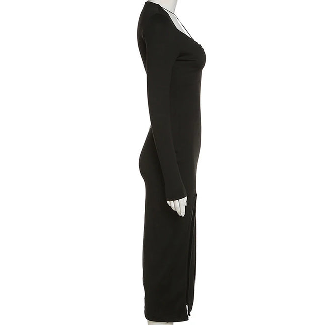 Autumn Crossed Cleavage Maxi Dress Women Concise Side Spilt Elegant Vestido Lady High Street Bodycon Slim Robe Skirt