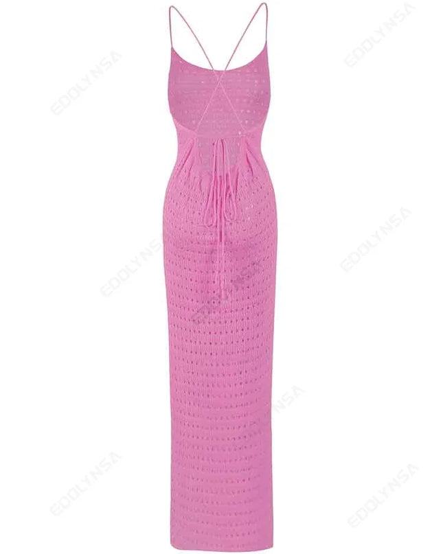 Sexy Knit Cut Out Tassel Spaghetti Strap Bodycon Beach Maxi Dress Summer Women's Holiday Club Party Outfit Swimsuit Cover Up K10