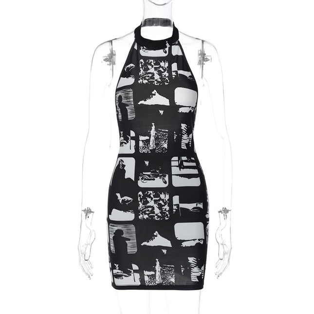 Hugcitar Vintage Print Halter Sleeveless Backless Sexy Slim Bodycon Mini Dress 2023 Summer Y2K Outfit Streetwear Nightclub Biker