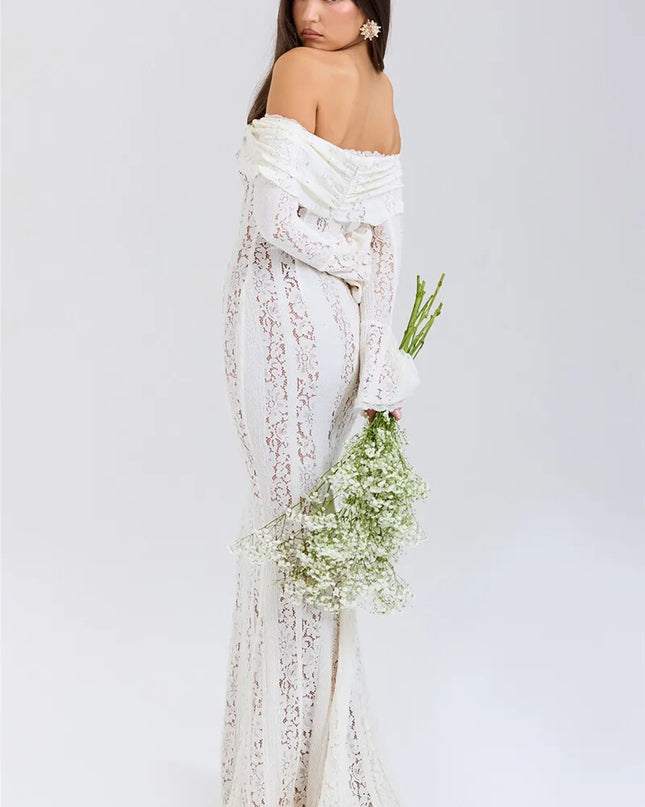 Mozision Lace Off-shoulder Sexy Maxi Dress Women Strapless Backless Long Sleeve Bodycon Evening Club Party Long Dress Elegant