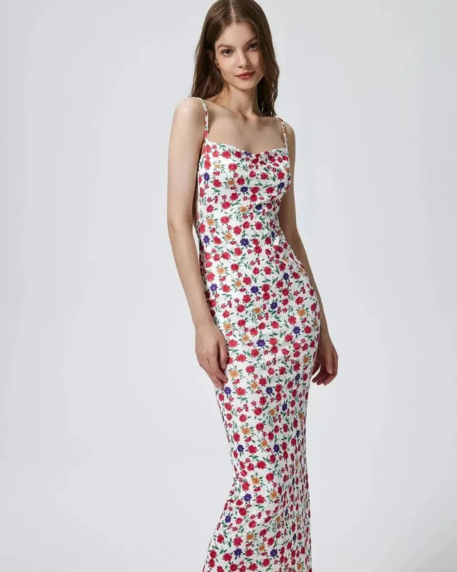 Long Floral Suspender Dress Nsummer Sexy Backless Slimming Beach Dress Fashionable Simple Printed Banquet Women's Clothing