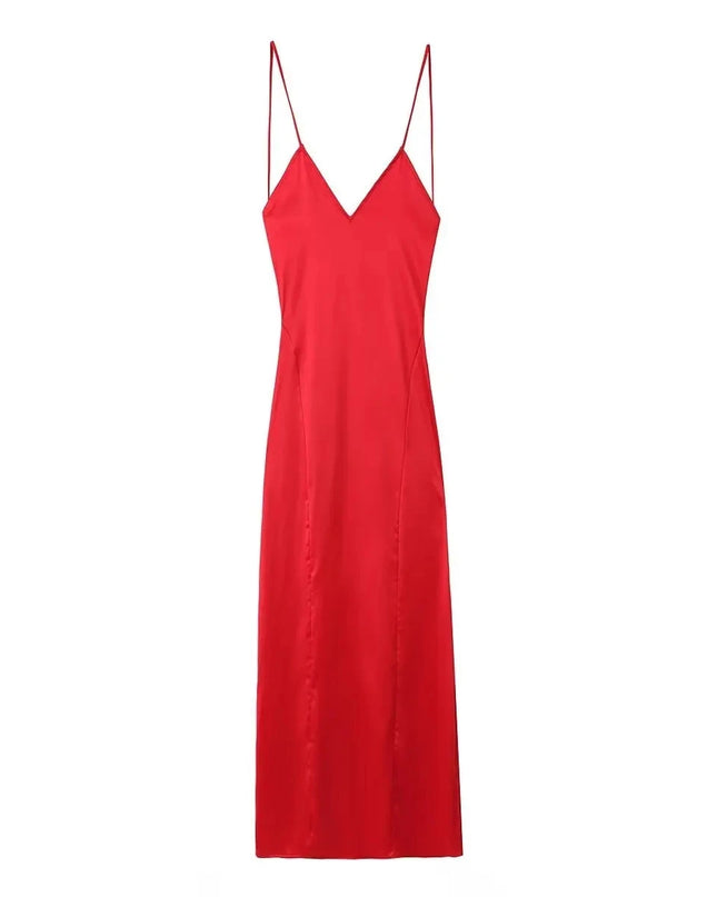 TRAFZA New Fashion Woman Party Evening Slip Prom Dress Female Satin Long Dress Sexy Sleeveless Backless V-neck Sling Midi Dress