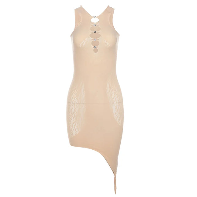 Weird Puss Elastic Hollow Rhinestones Dress Irregular WomenSee Through  Sleeveless Thin Midnight Party Clubwear Bodycon Vestidos