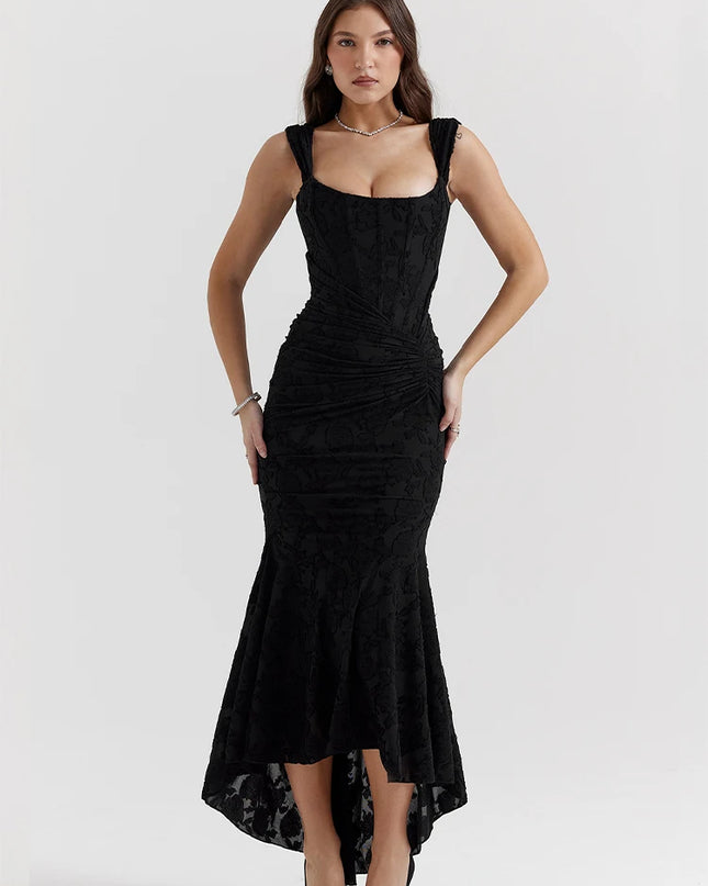 JULISSA MO Sleeve Less Backless Evening Long Dress Irregular Ruched Women Dress New Slim Fit Elegant Square Collar Gown Outfits