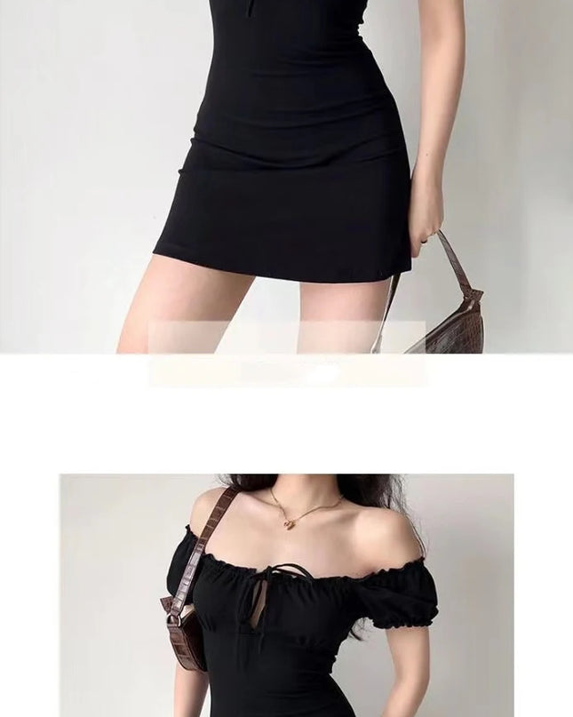 Summer Sexy Mini Dress Women Short Sleeved Lace up Hollow Casual Backless Folds Bodycon Black Dress Party Elegant A-LINE Dresses