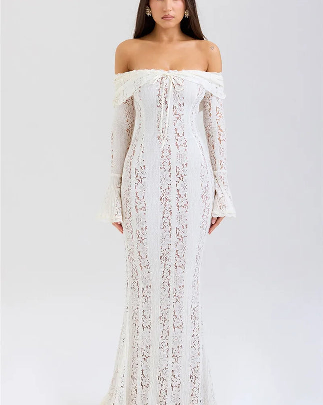 Mozision Lace Off-shoulder Sexy Maxi Dress Women Strapless Backless Long Sleeve Bodycon Evening Club Party Long Dress Elegant