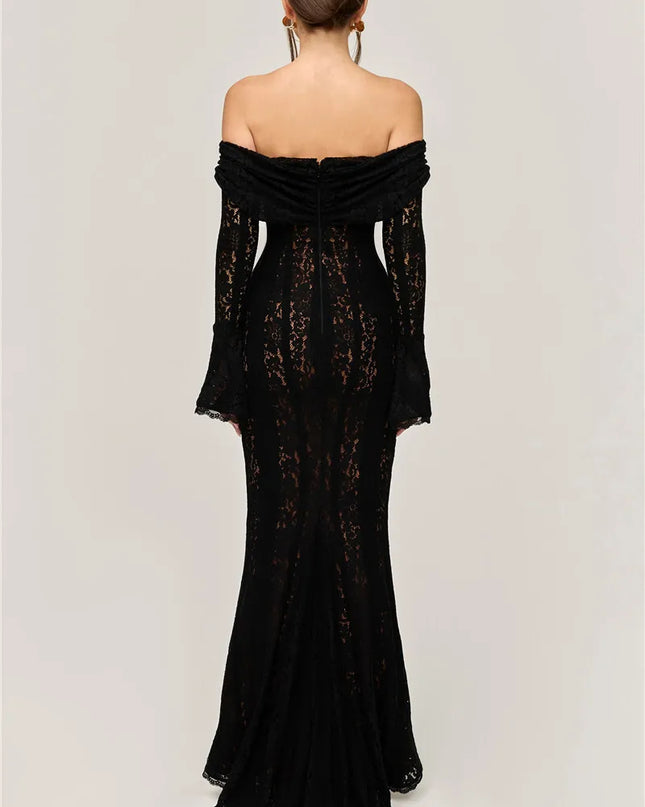 Mozision Lace Off-shoulder Sexy Maxi Dress Women Strapless Backless Long Sleeve Bodycon Evening Club Party Long Dress Elegant
