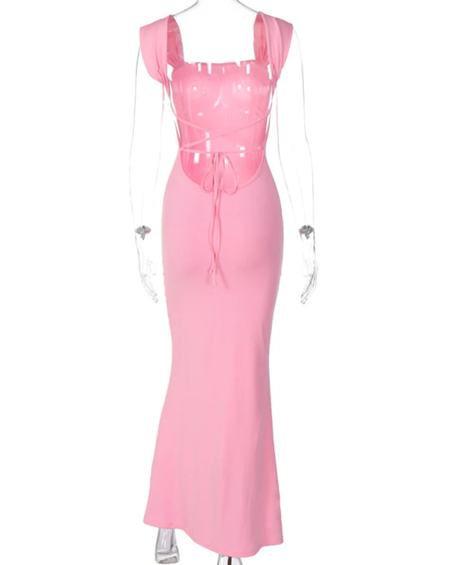 Dulzura Lace Up Backless Pink Long Dress For Women Bodycon Sexy Slim Strap Maxi Dress Party Elegant Birthday Evening Outfits