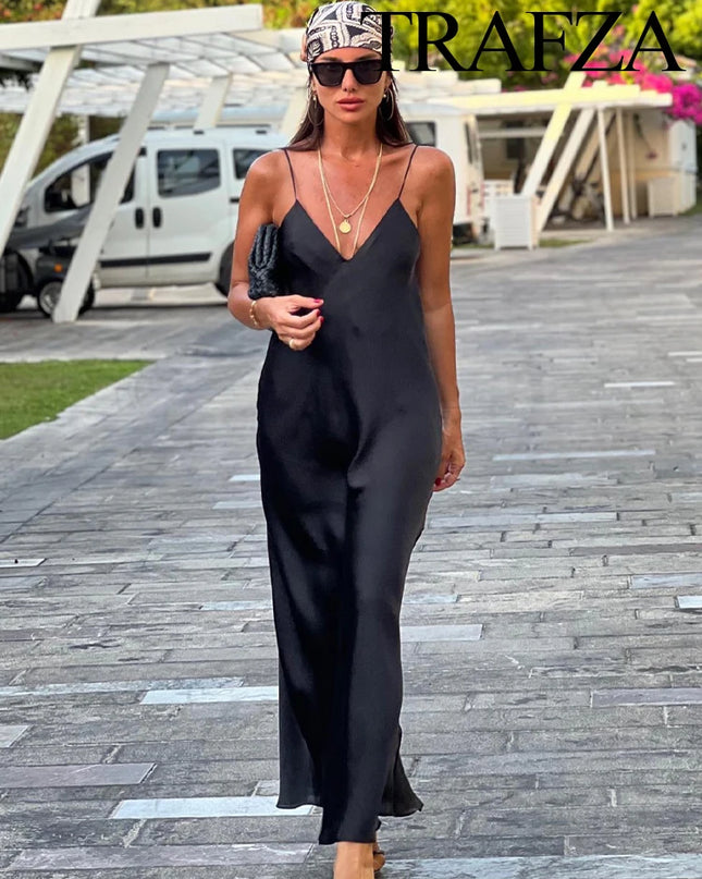 TRAFZA New Fashion Woman Party Evening Slip Prom Dress Female Satin Long Dress Sexy Sleeveless Backless V-neck Sling Midi Dress