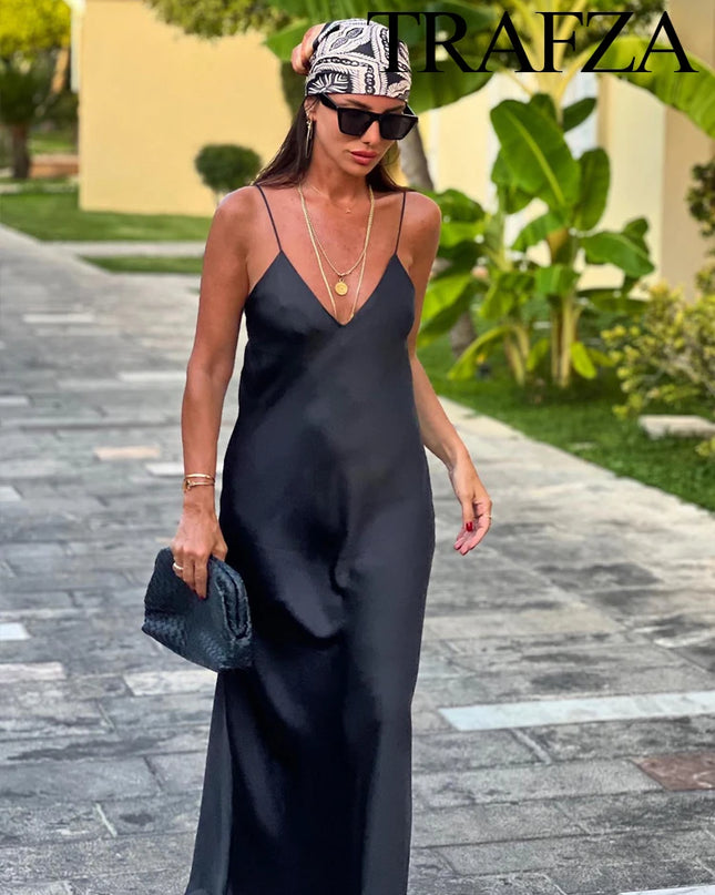 TRAFZA New Fashion Woman Party Evening Slip Prom Dress Female Satin Long Dress Sexy Sleeveless Backless V-neck Sling Midi Dress