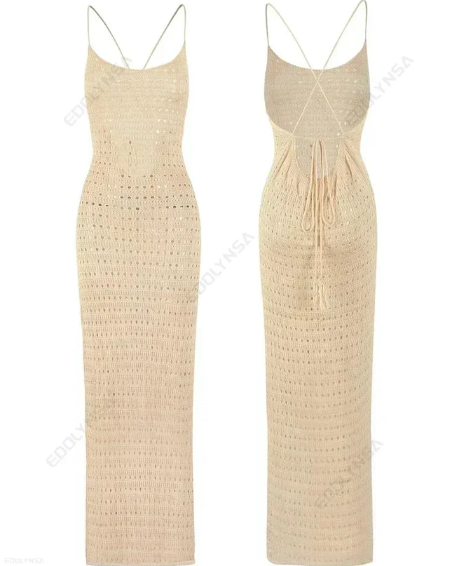 Sexy Knit Cut Out Tassel Spaghetti Strap Bodycon Beach Maxi Dress Summer Women's Holiday Club Party Outfit Swimsuit Cover Up K10