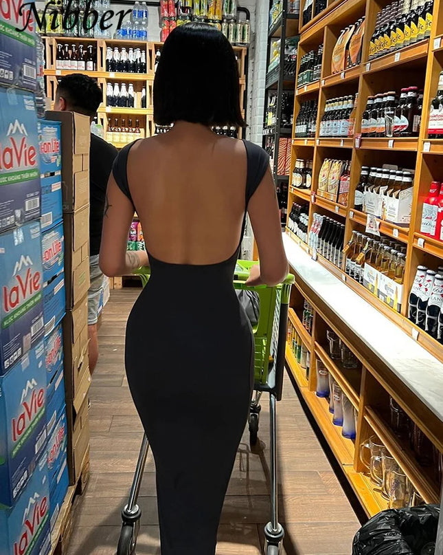 Nibber Solid Sexy Backless Maxi Dress Women Elegant Elastic Slim Short Sleeve Long dresses Female Bodycon Streetwear Clothing
