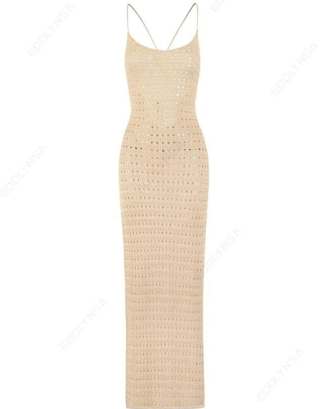 Sexy Knit Cut Out Tassel Spaghetti Strap Bodycon Beach Maxi Dress Summer Women's Holiday Club Party Outfit Swimsuit Cover Up K10