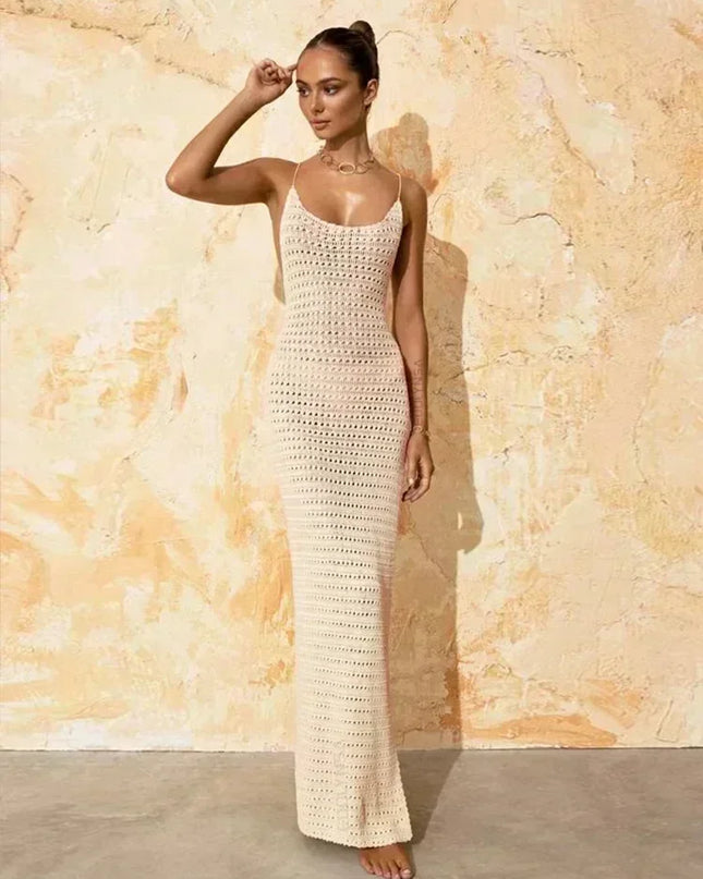 Sexy Knit Cut Out Tassel Spaghetti Strap Bodycon Beach Maxi Dress Summer Women's Holiday Club Party Outfit Swimsuit Cover Up K10