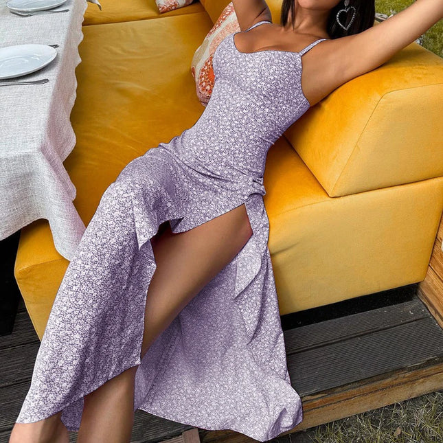 HELIAR Women Sexy Split Maxi Dress Floral Printed Sleeveless Beach Party Dress Spaghetti Zip Club Dress Elegant Vestidos Summer