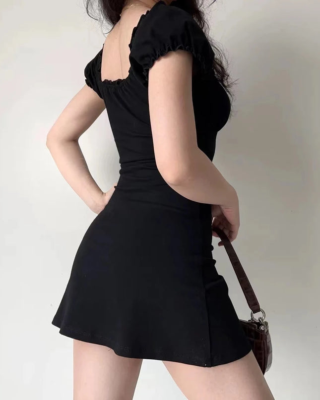 Summer Sexy Mini Dress Women Short Sleeved Lace up Hollow Casual Backless Folds Bodycon Black Dress Party Elegant A-LINE Dresses