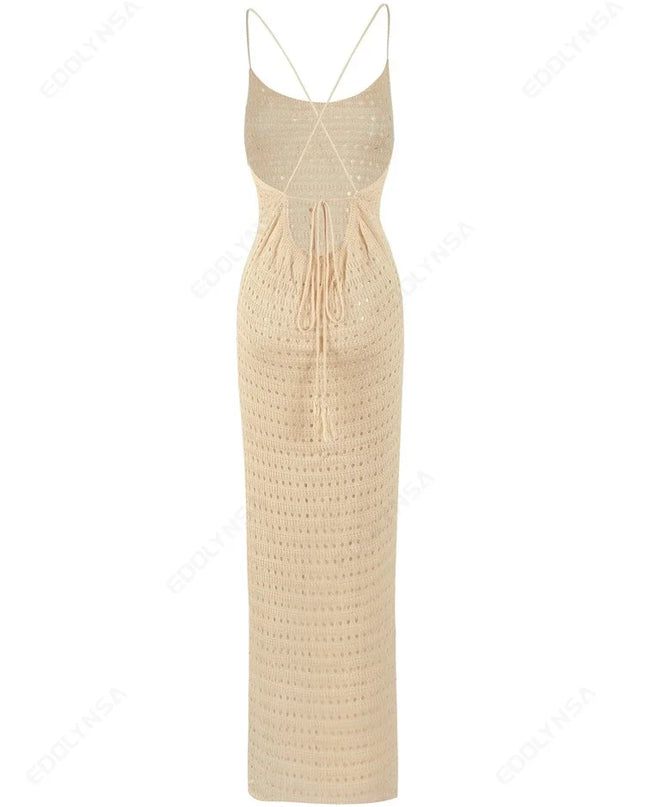 Sexy Knit Cut Out Tassel Spaghetti Strap Bodycon Beach Maxi Dress Summer Women's Holiday Club Party Outfit Swimsuit Cover Up K10