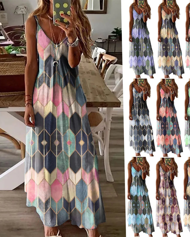 2024Women's Summer Casual Printed Camisole Vest Dress Long Dress