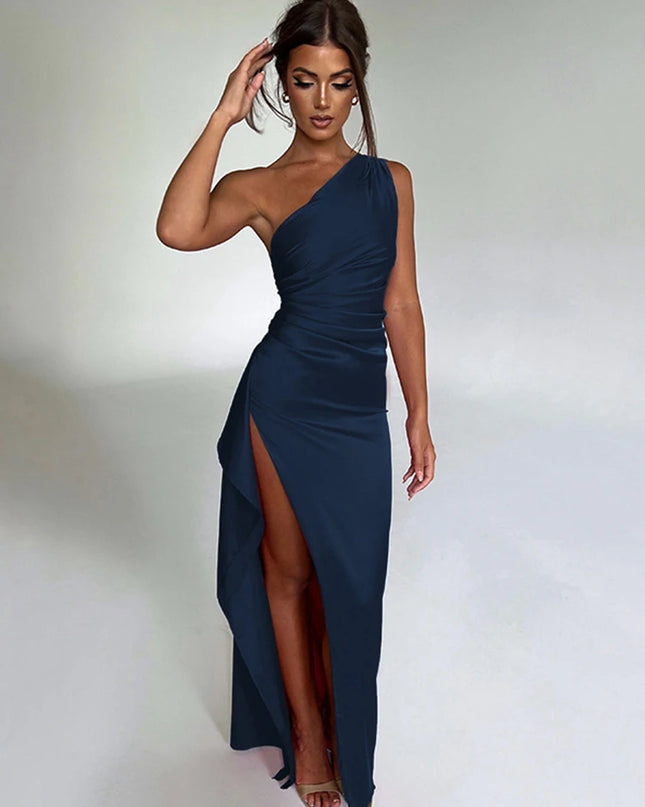 Summer Sexy One Shoulder Satin Long Dress for Women Sleeveless Backless High Split Party Evening Dresses Elegant Cocktail Dress