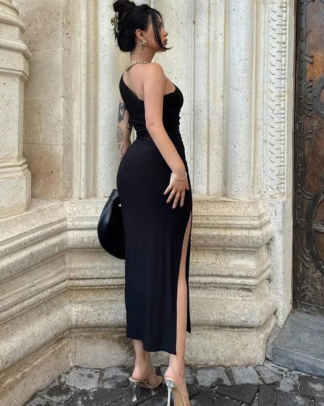 Black Maxi Dress Women Elegant Party Summer Fashion Sexy Split Sleeveless Backless Dress Off Shoulder Streetwear Club Slim Dress