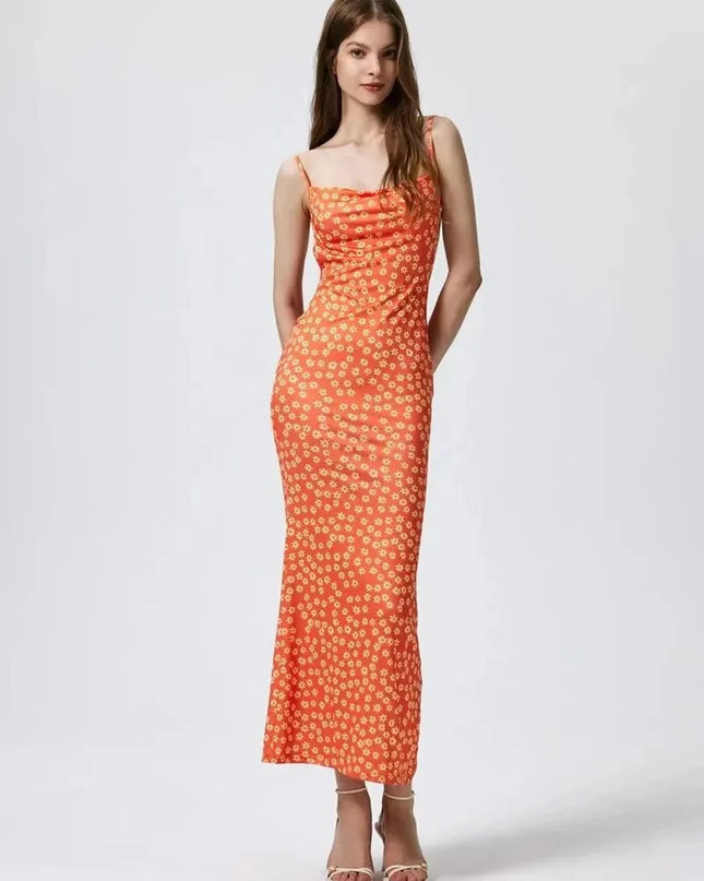Long Floral Suspender Dress Nsummer Sexy Backless Slimming Beach Dress Fashionable Simple Printed Banquet Women's Clothing