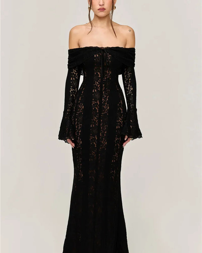 Mozision Lace Off-shoulder Sexy Maxi Dress Women Strapless Backless Long Sleeve Bodycon Evening Club Party Long Dress Elegant