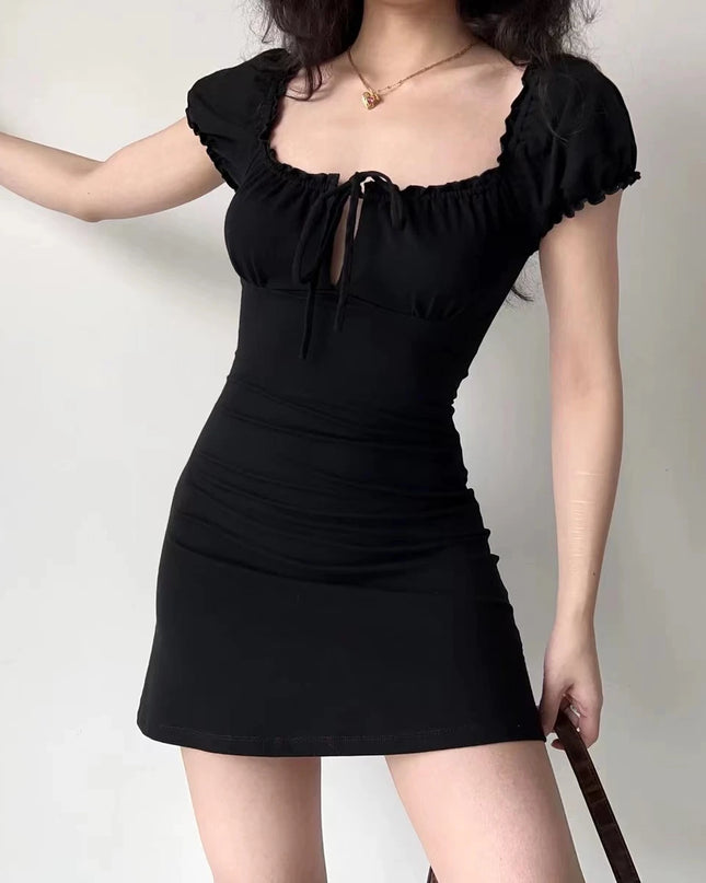 Summer Sexy Mini Dress Women Short Sleeved Lace up Hollow Casual Backless Folds Bodycon Black Dress Party Elegant A-LINE Dresses