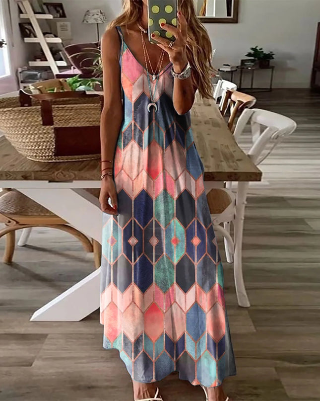 2024Women's Summer Casual Printed Camisole Vest Dress Long Dress