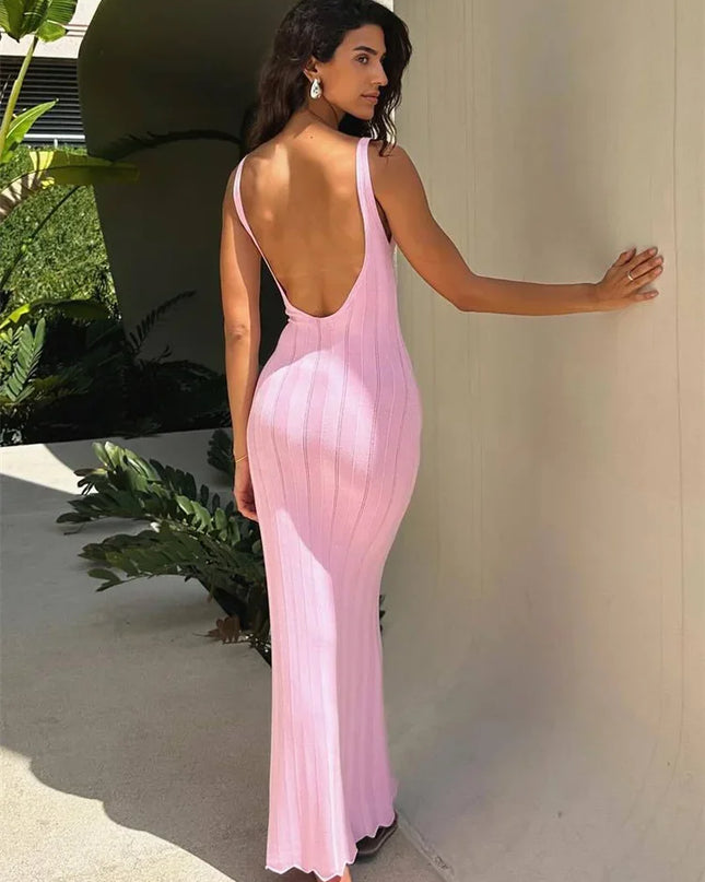Tossy Summer Knit Ribbed Maxi Dress Female Slim Hollow Out Backless High Waist Fashion Beach Holiday Clothes Long Dress Women's