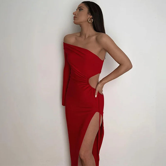 Women One Shoulder Long Sleeved Forked Sexy Long Dress Bodycon Sexy Streetwear Party Club Elegant Fashion Streetwear Clothes