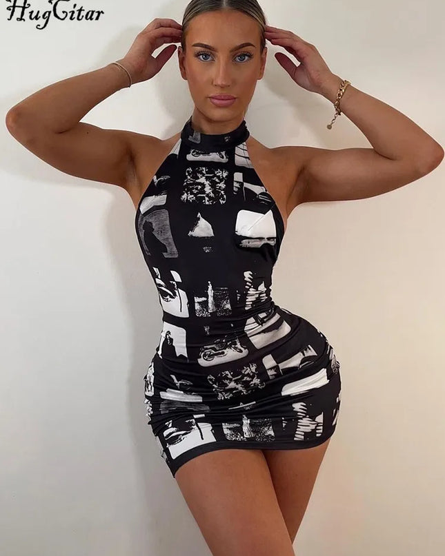 Hugcitar Vintage Print Halter Sleeveless Backless Sexy Slim Bodycon Mini Dress 2023 Summer Y2K Outfit Streetwear Nightclub Biker