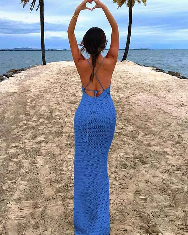 Sexy Knit Cut Out Tassel Spaghetti Strap Bodycon Beach Maxi Dress Summer Women's Holiday Club Party Outfit Swimsuit Cover Up K10