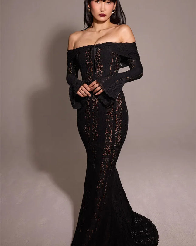 Mozision Lace Off-shoulder Sexy Maxi Dress Women Strapless Backless Long Sleeve Bodycon Evening Club Party Long Dress Elegant