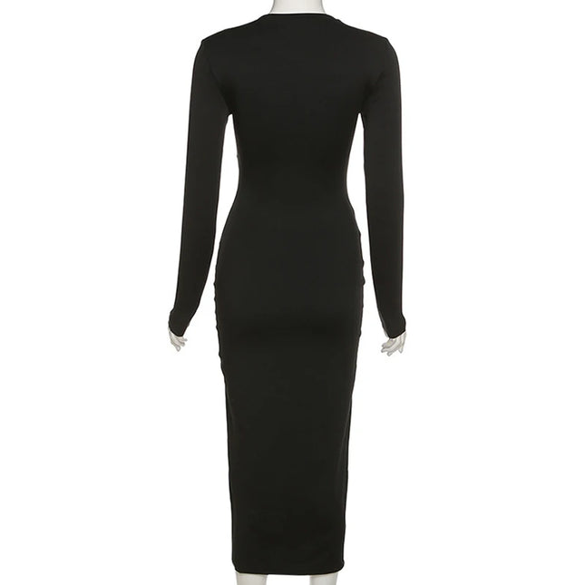 Autumn Crossed Cleavage Maxi Dress Women Concise Side Spilt Elegant Vestido Lady High Street Bodycon Slim Robe Skirt